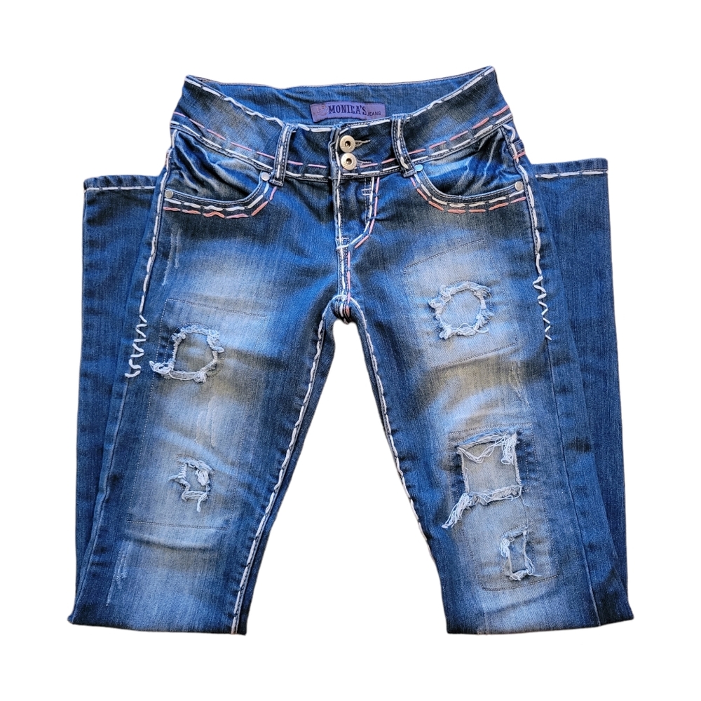 Rare Unique Monica's Straight Leg Low Rise Embellished Jeans 25 Juniors